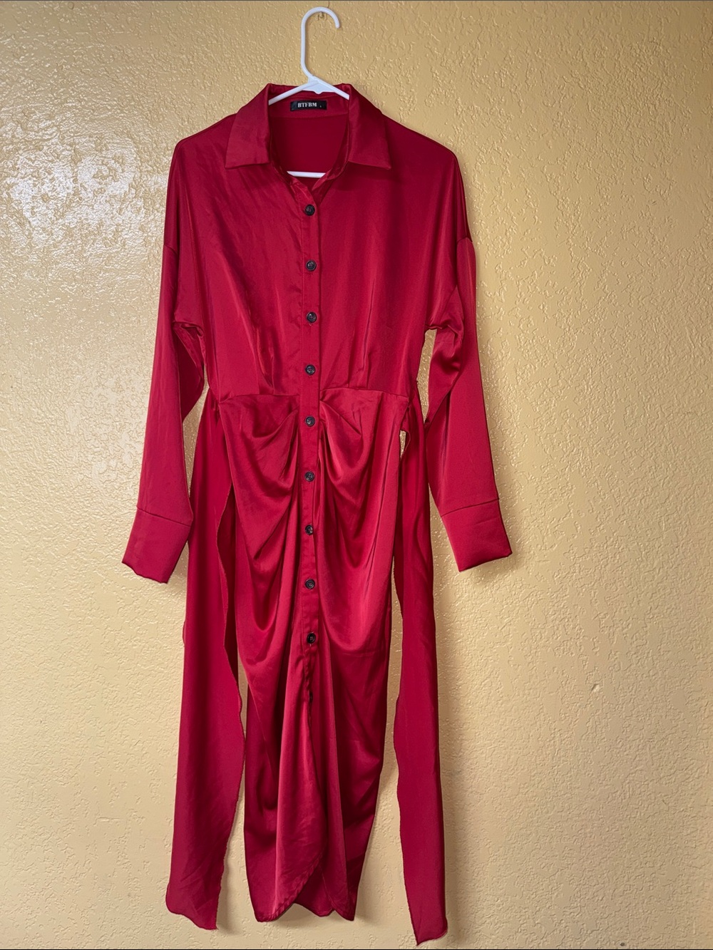 Red Long-Sleeve Button Front Dress with Draped Waist - Picture 1 of 3